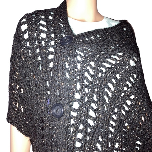 Black & Gold Convertible Scarf Poncho Shawl Wrap Versatile Hand Crocheted OOAK! - Picture 8 of 11